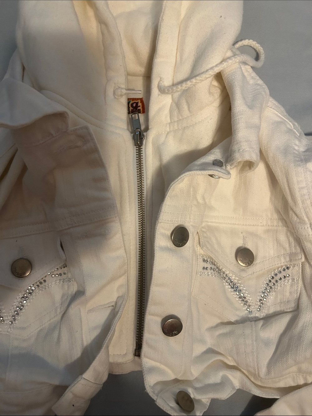 Plugg Cropped Hooded Denim Jacket with Rhinestone Pocket Trim - Cream - Picture 2 of 4